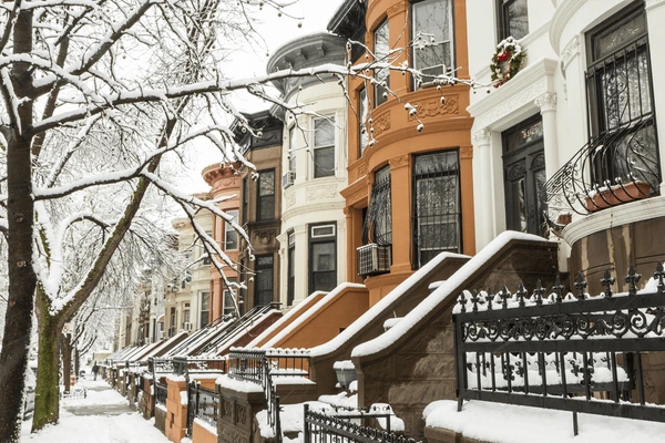 Photo of a street in Brooklyn New York showing a row of houses and trees covered in white snow on a winter day.